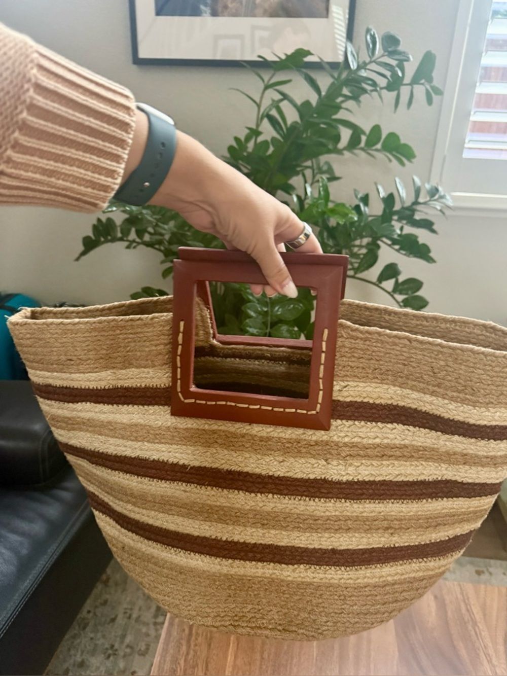 OLIVIA MILLER Women Atllas Woven Straw Tote Bag Brown Leather Square Handles